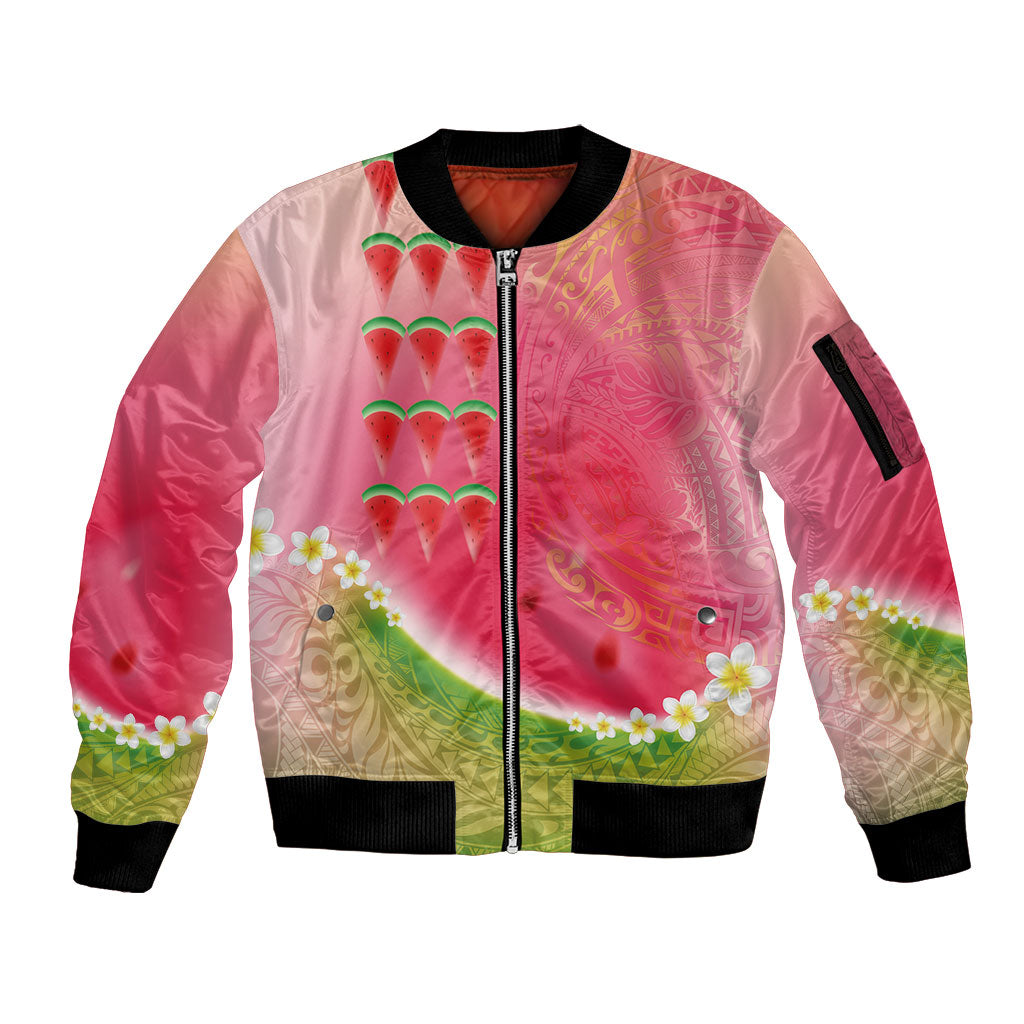 Hawaiian Watermelon Sleeve Zip Bomber Jacket with Kakau Art Tattoo