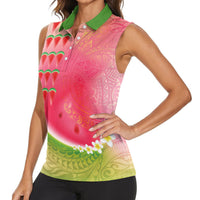 Hawaiian Watermelon Women Sleeveless Polo Shirt with Kakau Art Tattoo
