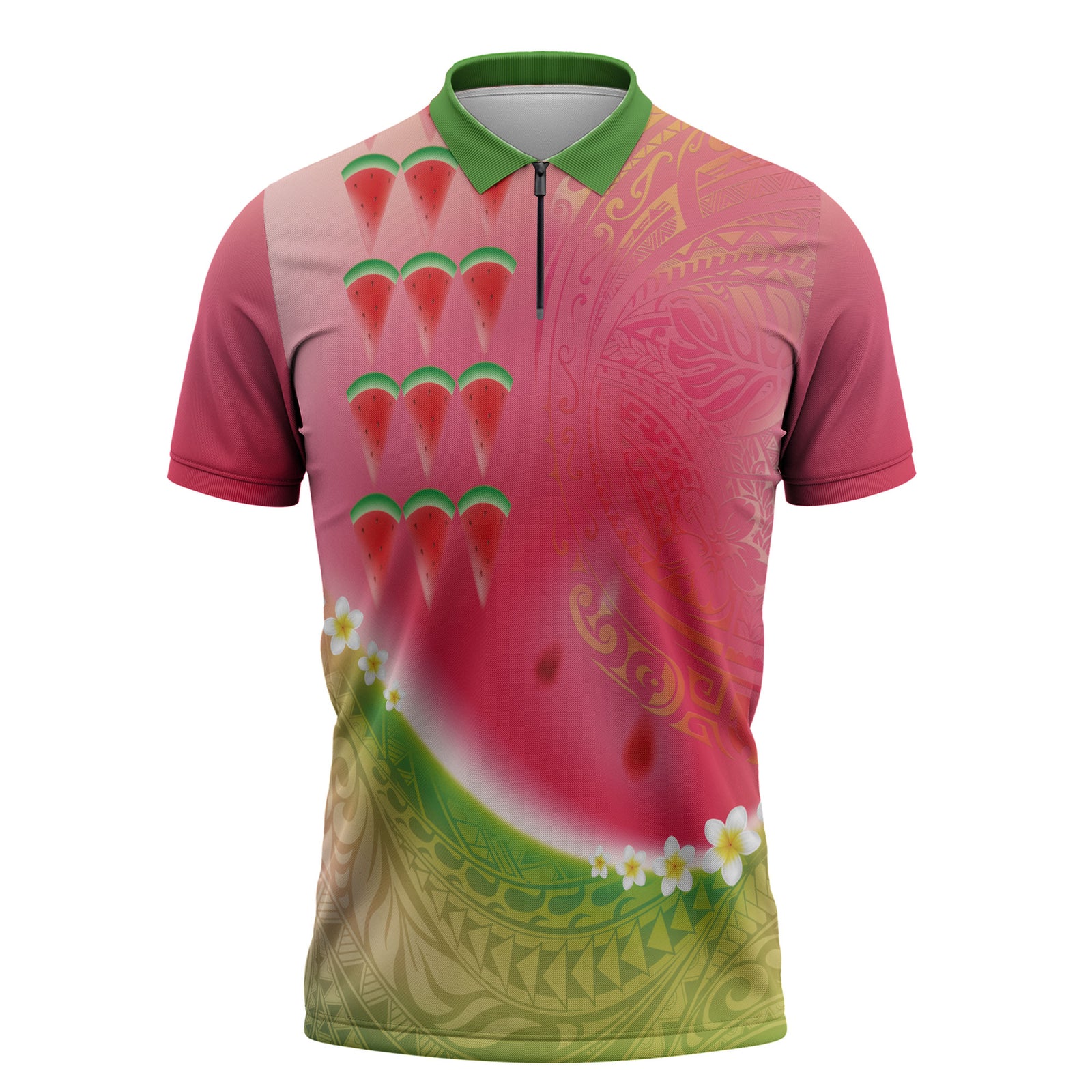 Hawaiian Watermelon Zipper Polo Shirt with Kakau Art Tattoo