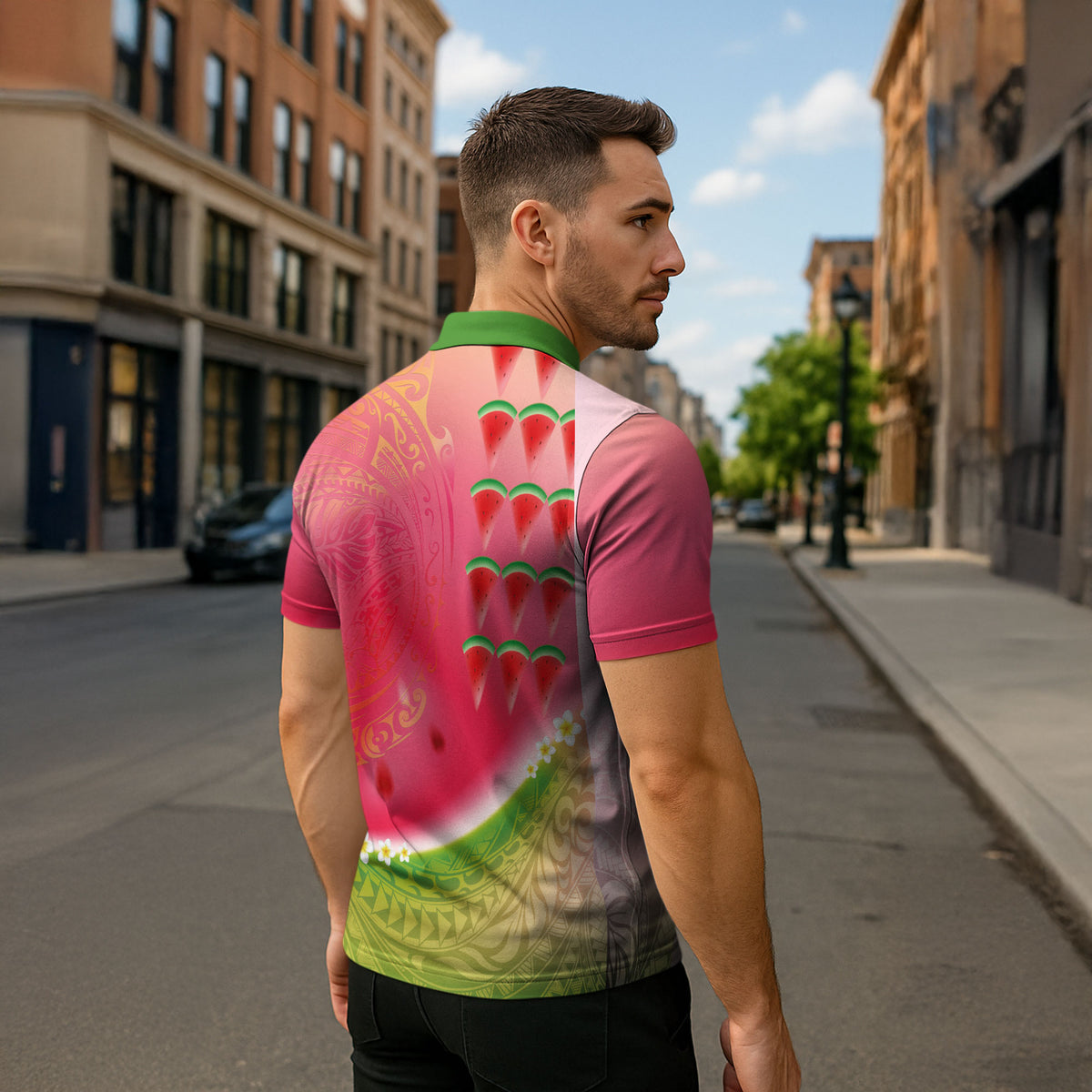 Hawaiian Watermelon Zipper Polo Shirt with Kakau Art Tattoo
