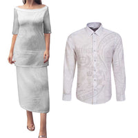 Tonga Faka Sepitema Couples Matching Puletasi and Long Sleeve Button Shirt Ngatu Pattern with Plumeria and Hibiscus