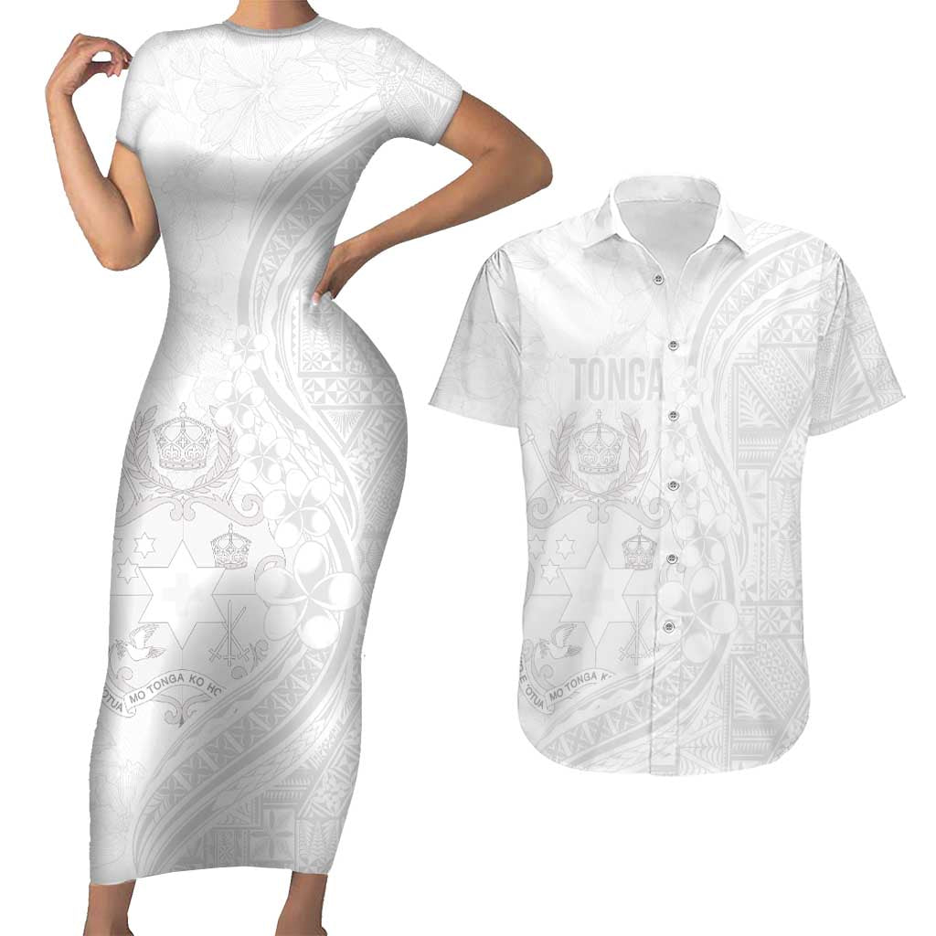 Tonga Faka Sepitema Couples Matching Short Sleeve Bodycon Dress and Hawaiian Shirt Ngatu Pattern with Plumeria and Hibiscus