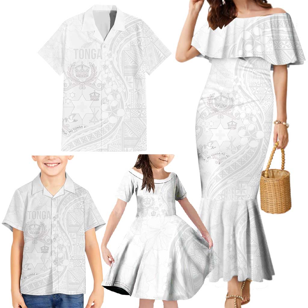 Tonga Faka Sepitema Family Matching Mermaid Dress and Hawaiian Shirt Ngatu Pattern with Plumeria and Hibiscus