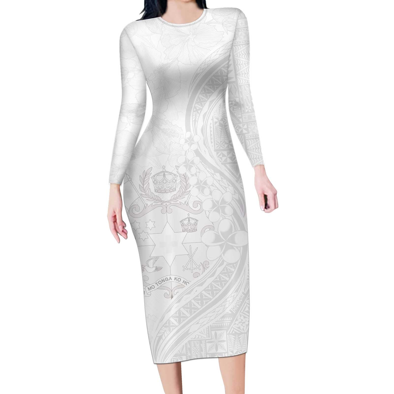 Tonga Faka Sepitema Long Sleeve Bodycon Dress Ngatu Pattern with Plumeria and Hibiscus