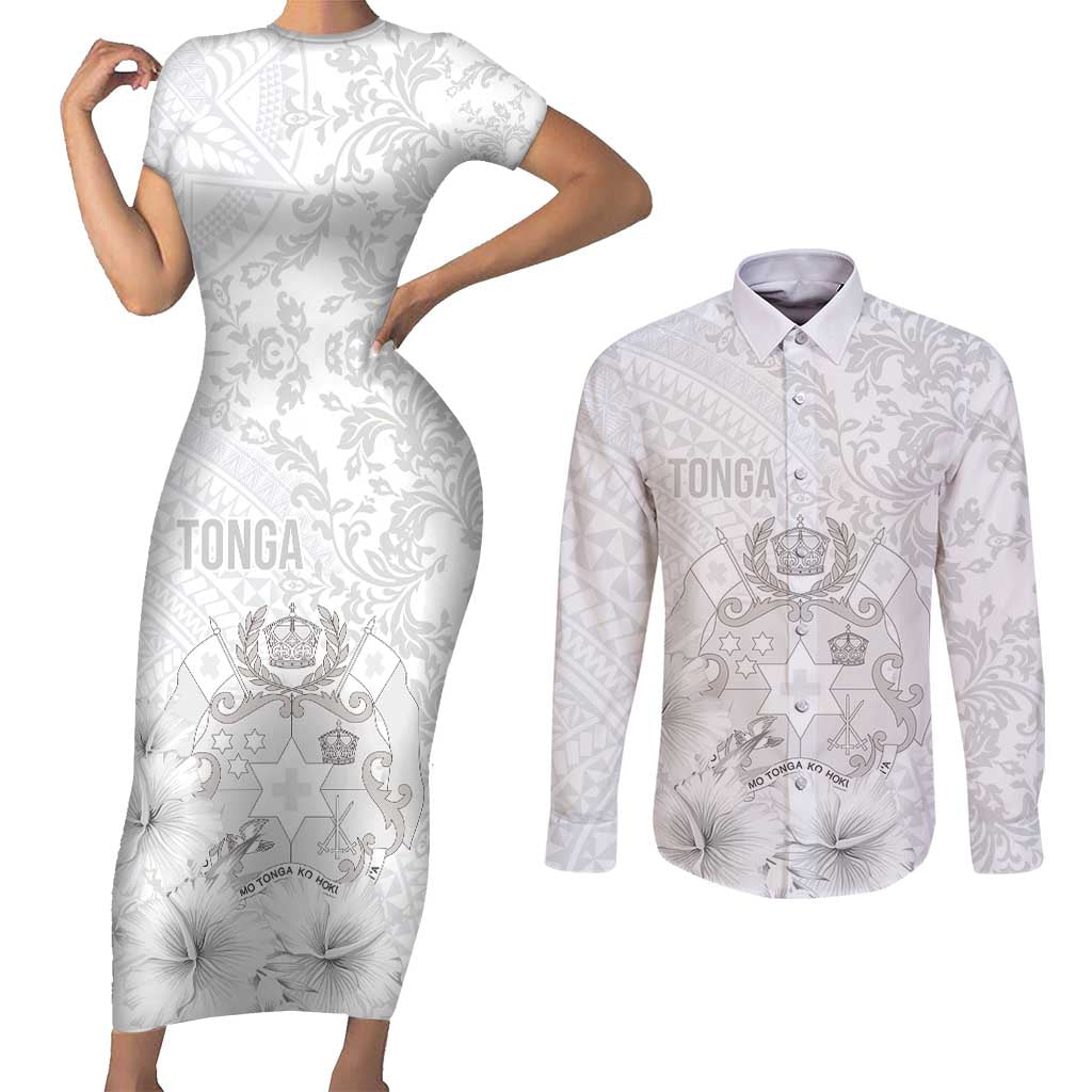 Tonga Faka Sepitema Couples Matching Short Sleeve Bodycon Dress and Long Sleeve Button Shirt Ngatu and Floral Pattern with Blooming Hibiscus