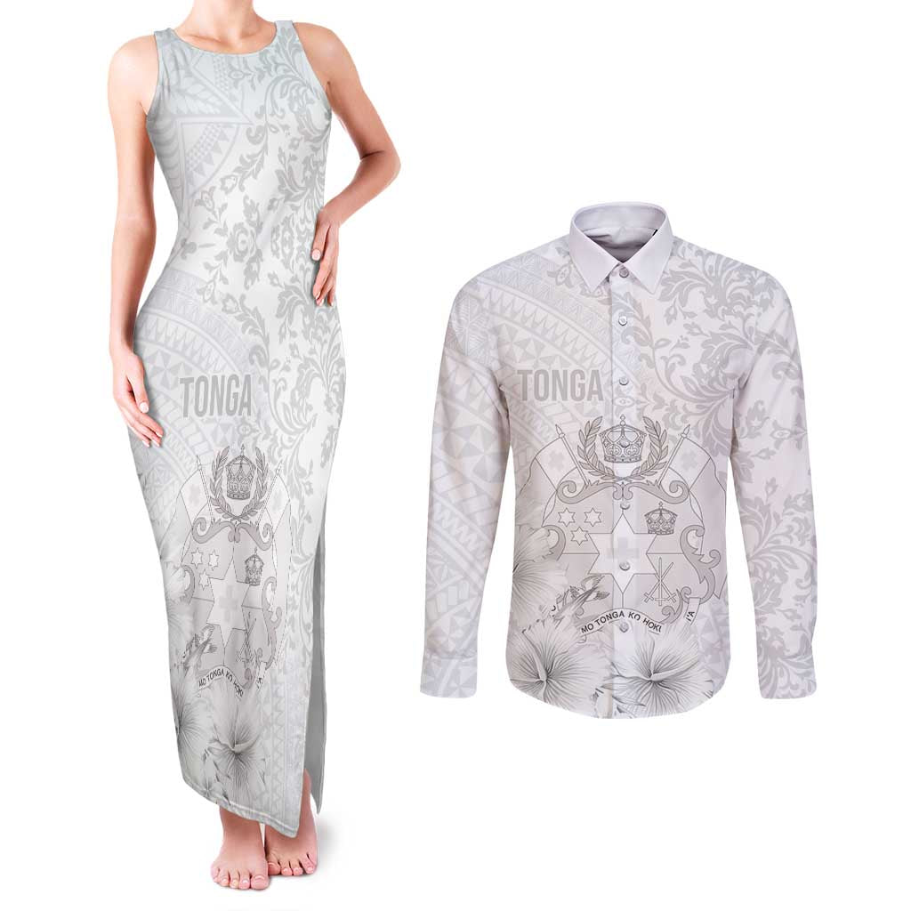 Tonga Faka Sepitema Couples Matching Tank Maxi Dress and Long Sleeve Button Shirt Ngatu and Floral Pattern with Blooming Hibiscus