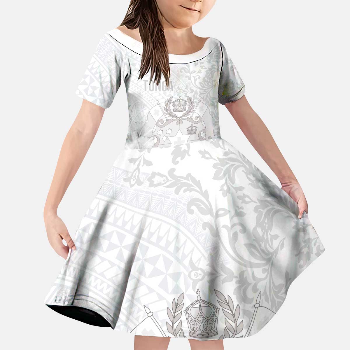 Tonga Faka Sepitema Kid Short Sleeve Dress Ngatu and Floral Pattern with Blooming Hibiscus