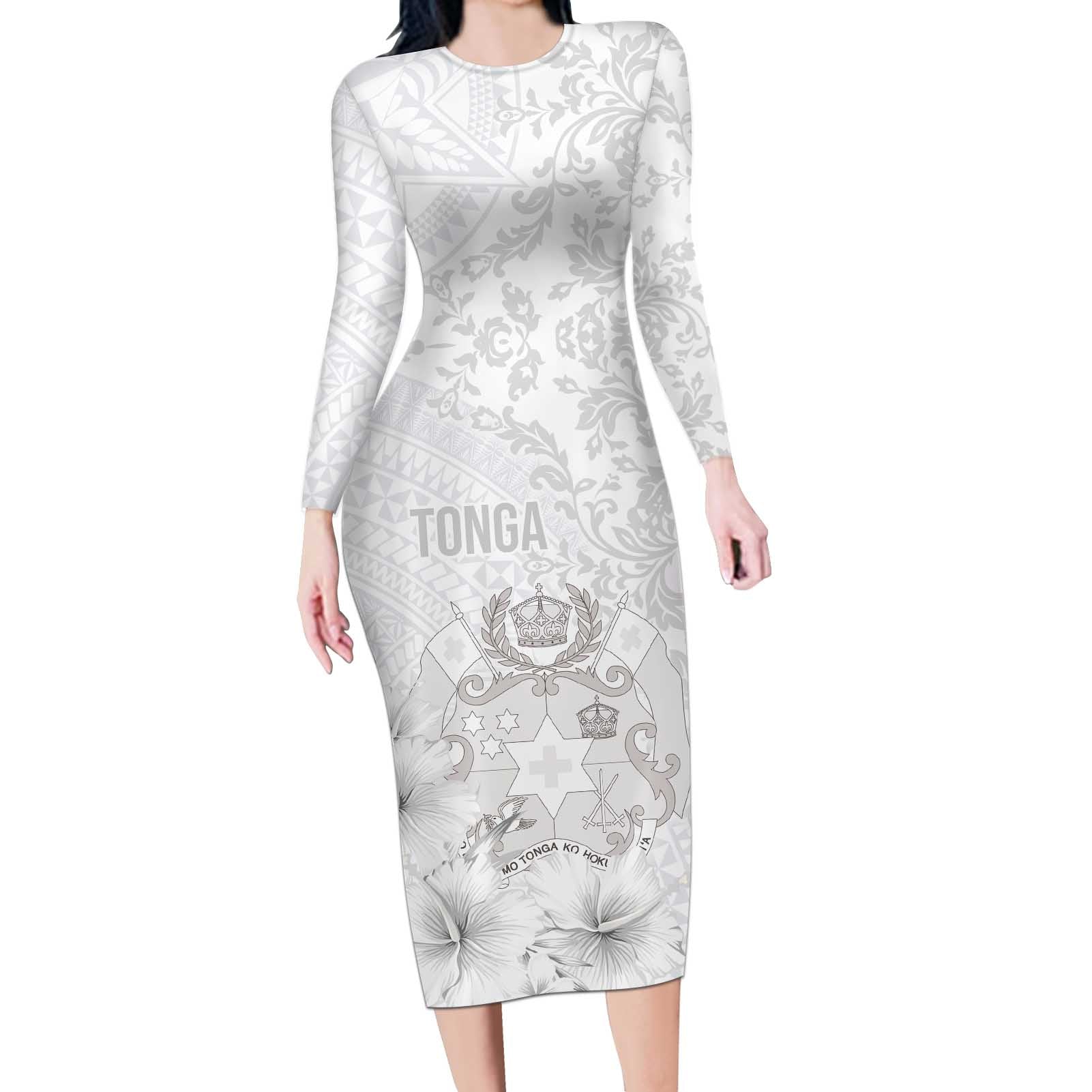 Tonga Faka Sepitema Long Sleeve Bodycon Dress Ngatu and Floral Pattern with Blooming Hibiscus