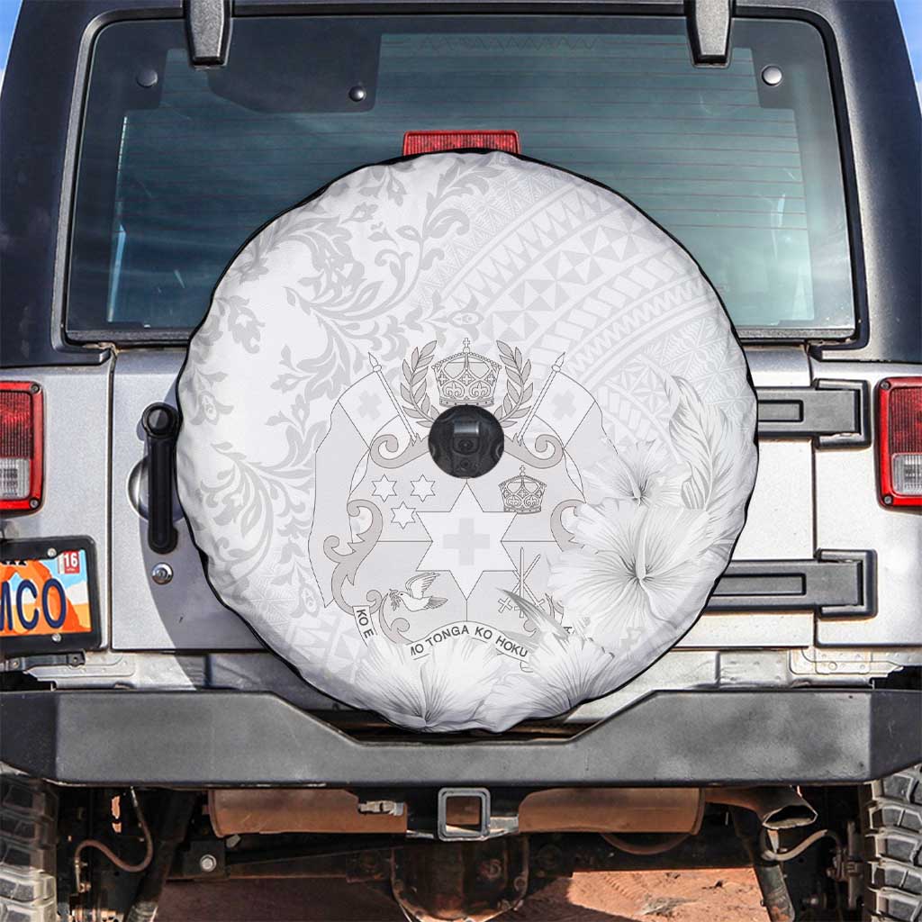 Tonga Faka Sepitema Spare Tire Cover Ngatu and Floral Pattern with Blooming Hibiscus LT03 White - Polynesian Pride