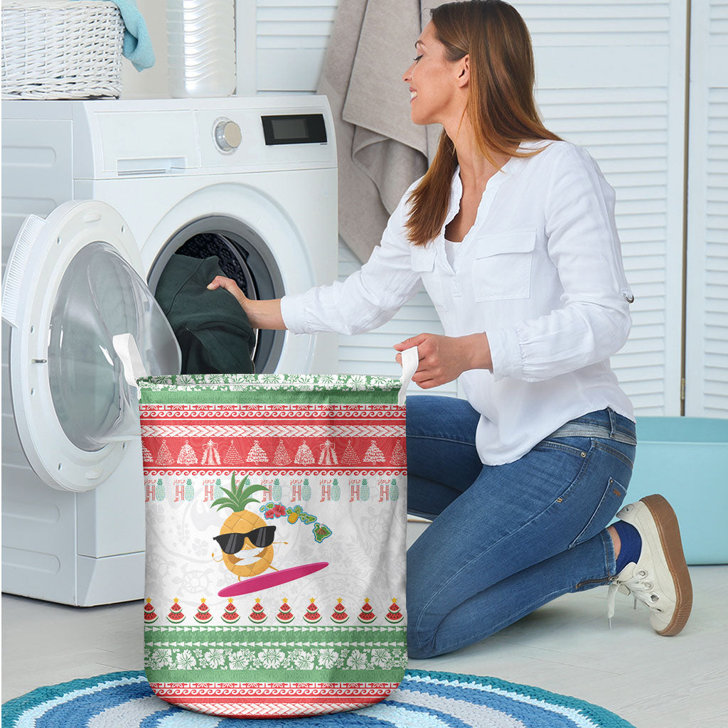 Hawaiian Mele Kalikimaka Laundry Basket Funny Pineapple Surfing with Map Christmas Stripe Elements LT03 - Polynesian Pride