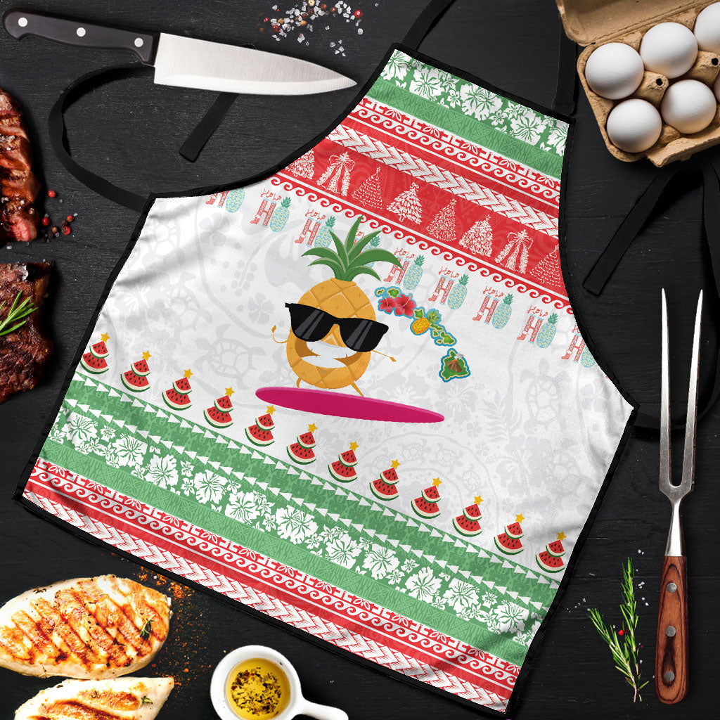 Hawaiian Mele Kalikimaka Apron Funny Pineapple Surfing with Map Christmas Stripe Elements LT03 Multicolor - Polynesian Pride