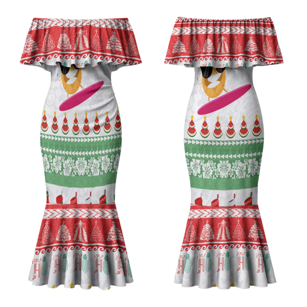 Hawaiian Mele Kalikimaka Couples Matching Mermaid Dress and Long Sleeve Button Shirt Funny Pineapple Surfing with Map Christmas Stripe Elements LT03 - Polynesian Pride
