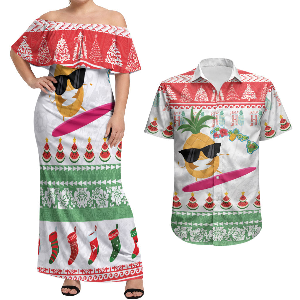 Hawaiian Mele Kalikimaka Couples Matching Off Shoulder Maxi Dress and Hawaiian Shirt Funny Pineapple Surfing with Map Christmas Stripe Elements LT03 Multicolor - Polynesian Pride