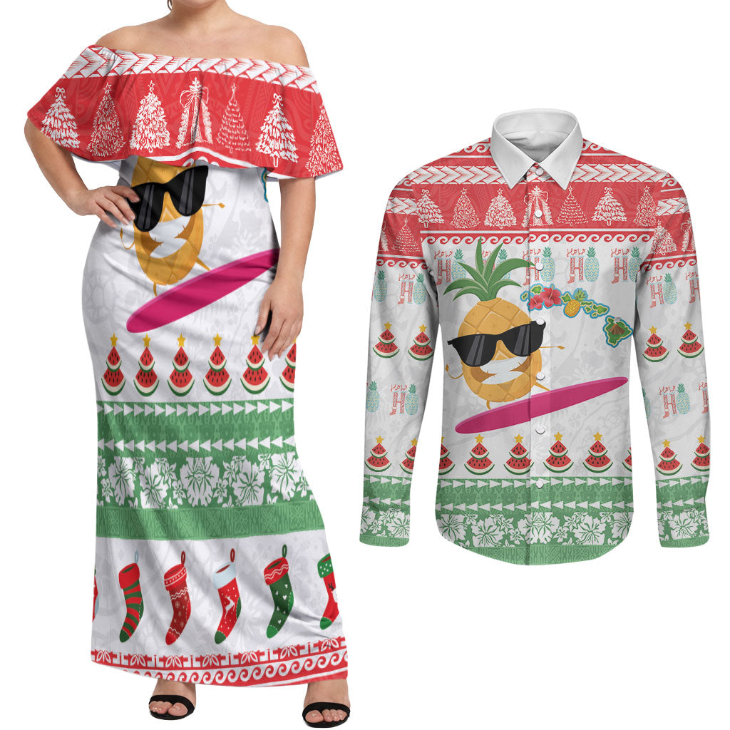 Hawaiian Mele Kalikimaka Couples Matching Off Shoulder Maxi Dress and Long Sleeve Button Shirt Funny Pineapple Surfing with Map Christmas Stripe Elements LT03 Multicolor - Polynesian Pride