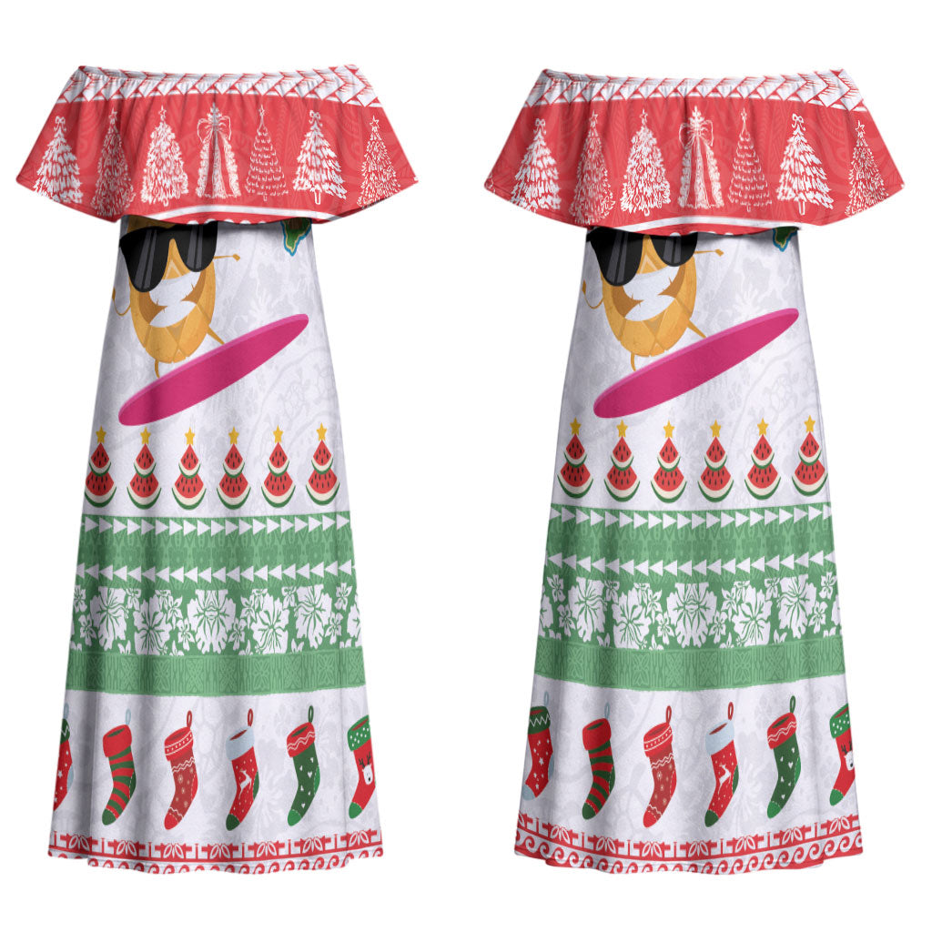 Hawaiian Mele Kalikimaka Couples Matching Off Shoulder Maxi Dress and Long Sleeve Button Shirt Funny Pineapple Surfing with Map Christmas Stripe Elements LT03 - Polynesian Pride