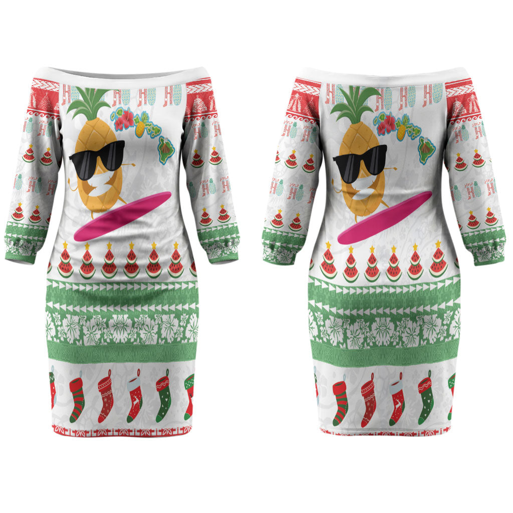 Hawaiian Mele Kalikimaka Couples Matching Off The Shoulder Long Sleeve Dress and Hawaiian Shirt Funny Pineapple Surfing with Map Christmas Stripe Elements LT03 - Polynesian Pride