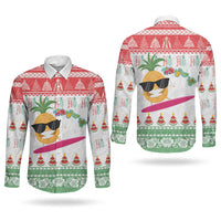 Hawaiian Mele Kalikimaka Couples Matching Off The Shoulder Long Sleeve Dress and Long Sleeve Button Shirt Funny Pineapple Surfing with Map Christmas Stripe Elements LT03 - Polynesian Pride