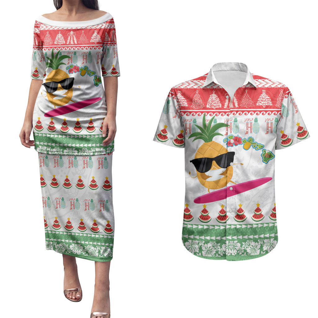 Hawaiian Mele Kalikimaka Couples Matching Puletasi and Hawaiian Shirt Funny Pineapple Surfing with Map Christmas Stripe Elements LT03 Multicolor - Polynesian Pride