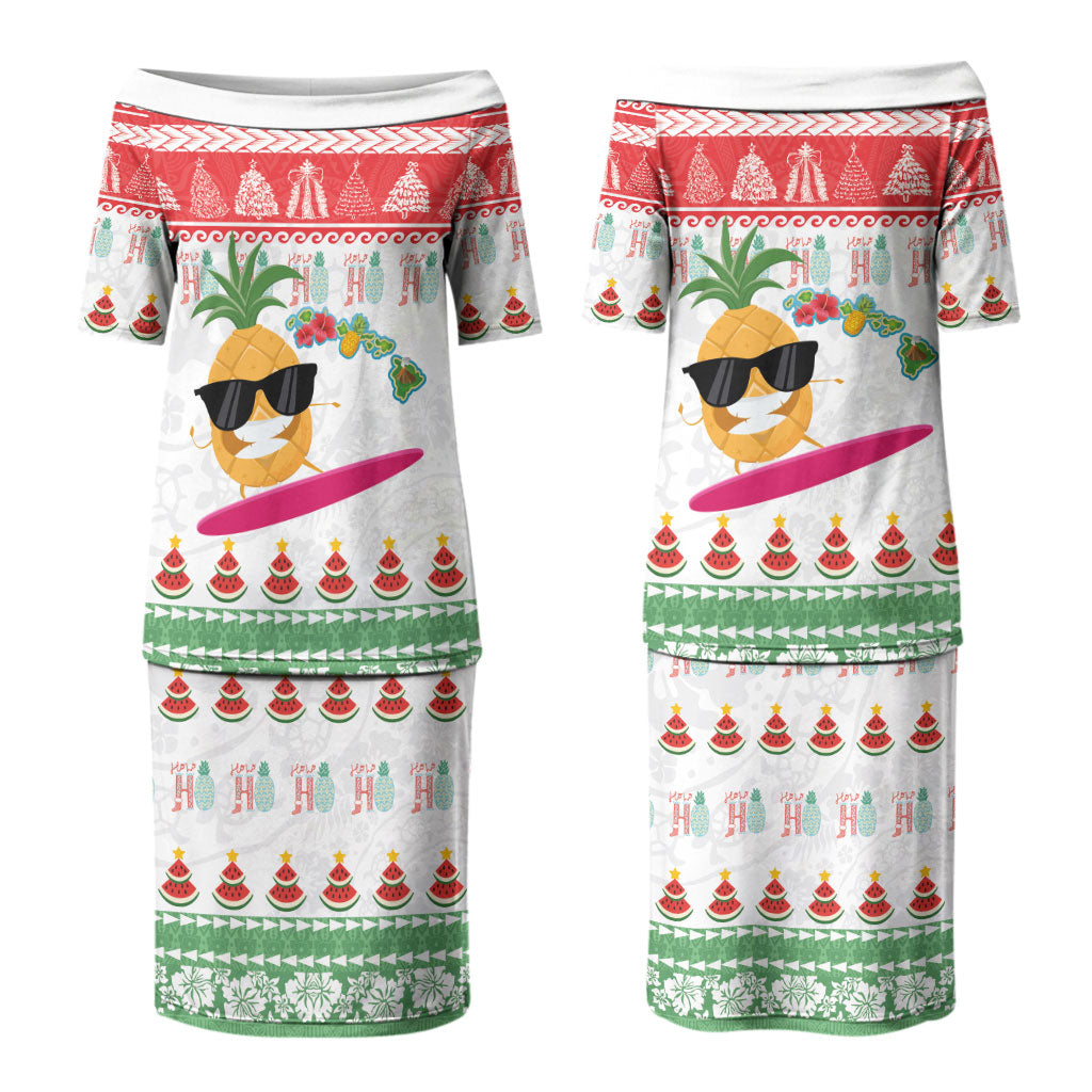 Hawaiian Mele Kalikimaka Couples Matching Puletasi and Long Sleeve Button Shirt Funny Pineapple Surfing with Map Christmas Stripe Elements LT03 - Polynesian Pride