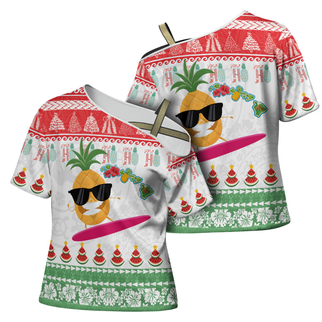 Hawaiian Mele Kalikimaka Cross Shoulder Shirt Funny Pineapple Surfing with Map Christmas Stripe Elements LT03 - Polynesian Pride