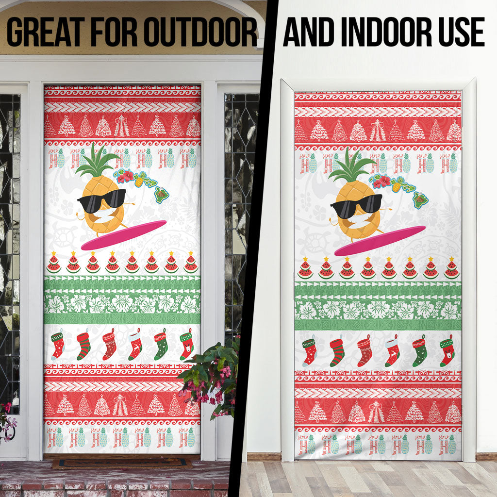 Hawaiian Mele Kalikimaka Door Cover Funny Pineapple Surfing with Map Christmas Stripe Elements LT03 - Polynesian Pride