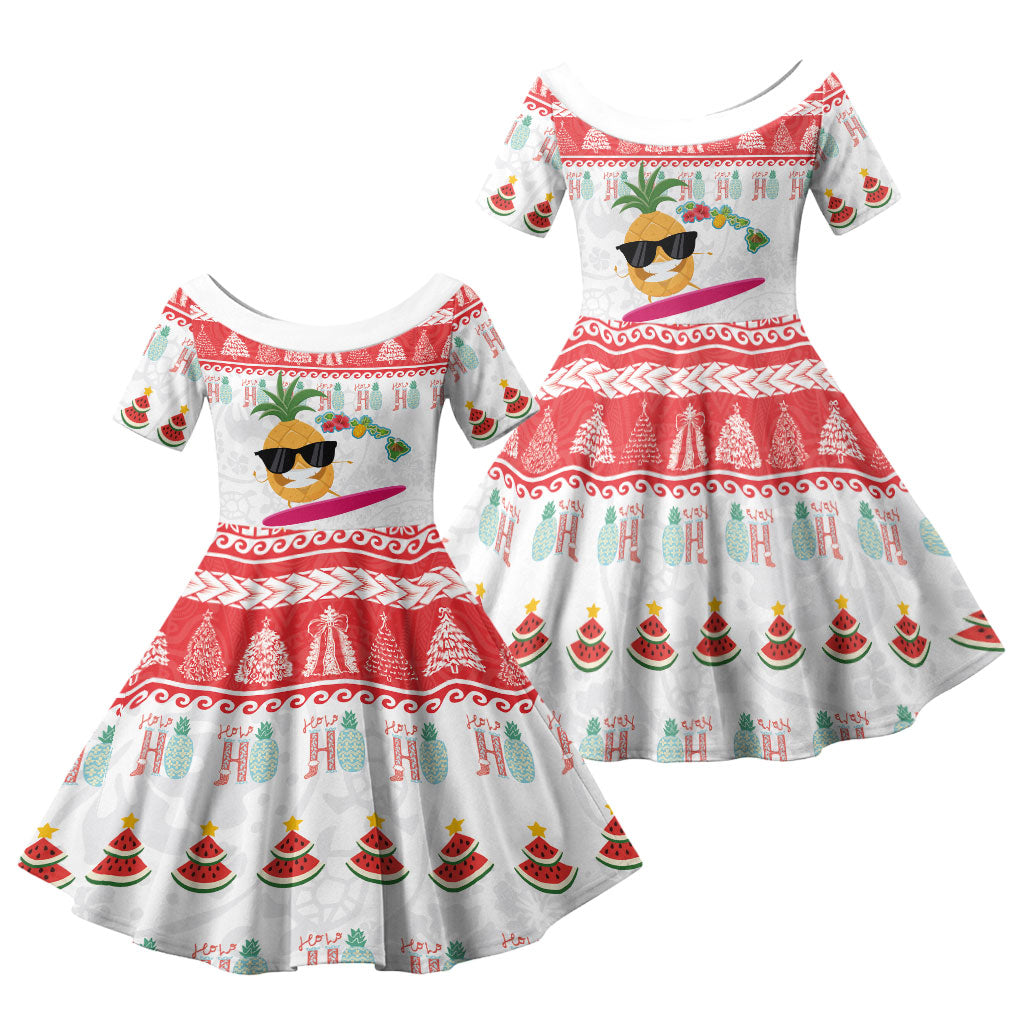 Hawaiian Mele Kalikimaka Family Matching Long Sleeve Bodycon Dress and Hawaiian Shirt Funny Pineapple Surfing with Map Christmas Stripe Elements LT03 Daughter's Dress Multicolor - Polynesian Pride