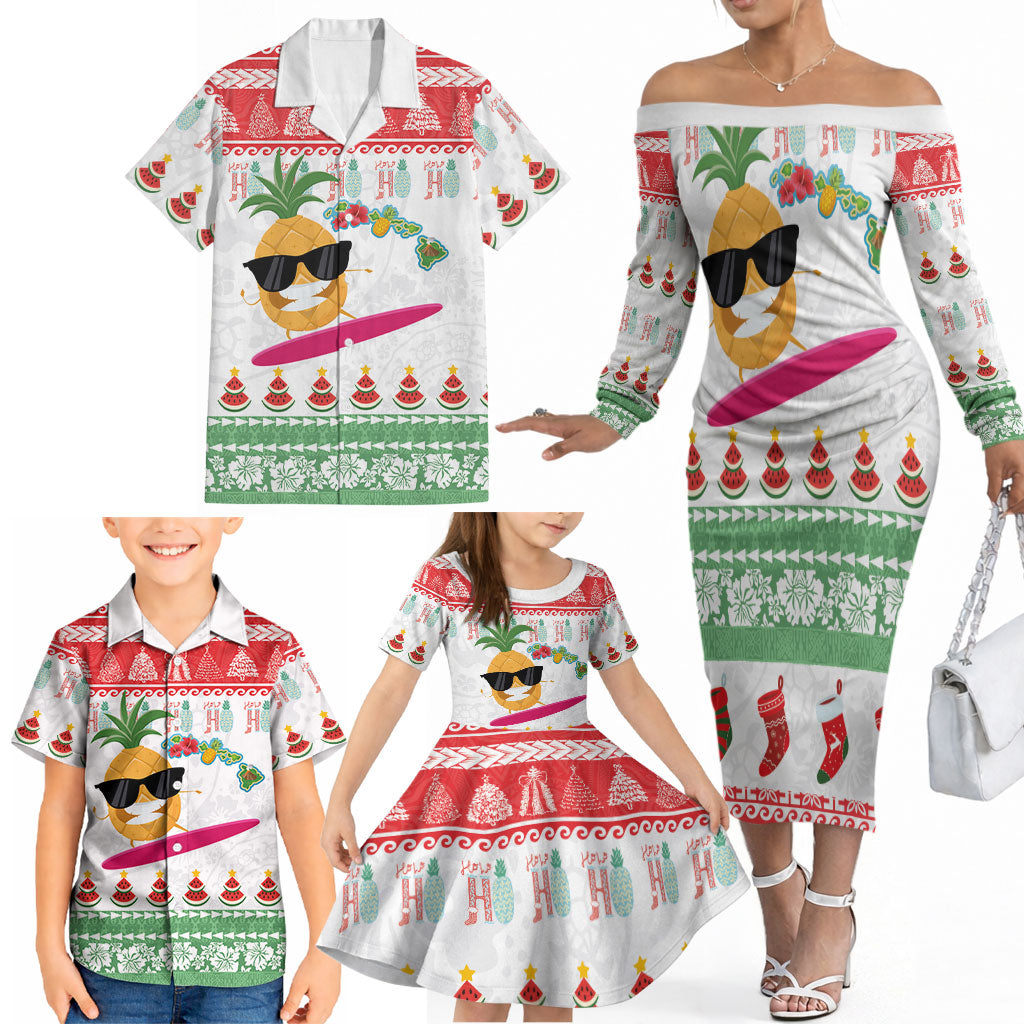 Hawaiian Mele Kalikimaka Family Matching Off The Shoulder Long Sleeve Dress and Hawaiian Shirt Funny Pineapple Surfing with Map Christmas Stripe Elements LT03 - Polynesian Pride