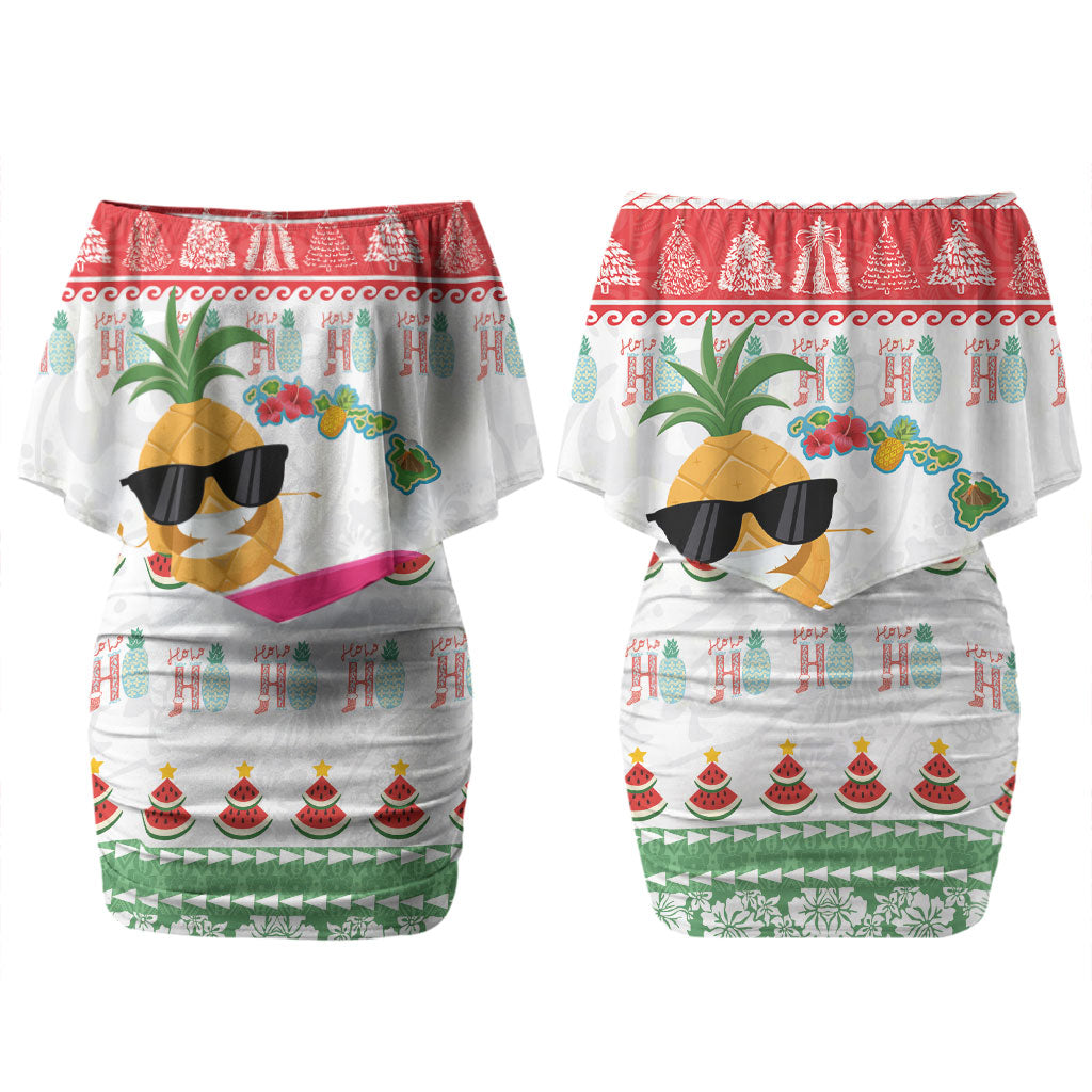 Hawaiian Mele Kalikimaka Family Matching Off Shoulder Short Dress and Hawaiian Shirt Funny Pineapple Surfing with Map Christmas Stripe Elements LT03 Mom's Dress Multicolor - Polynesian Pride
