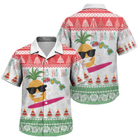 Hawaiian Mele Kalikimaka Family Matching Off Shoulder Short Dress and Hawaiian Shirt Funny Pineapple Surfing with Map Christmas Stripe Elements LT03 Son's Shirt Multicolor - Polynesian Pride