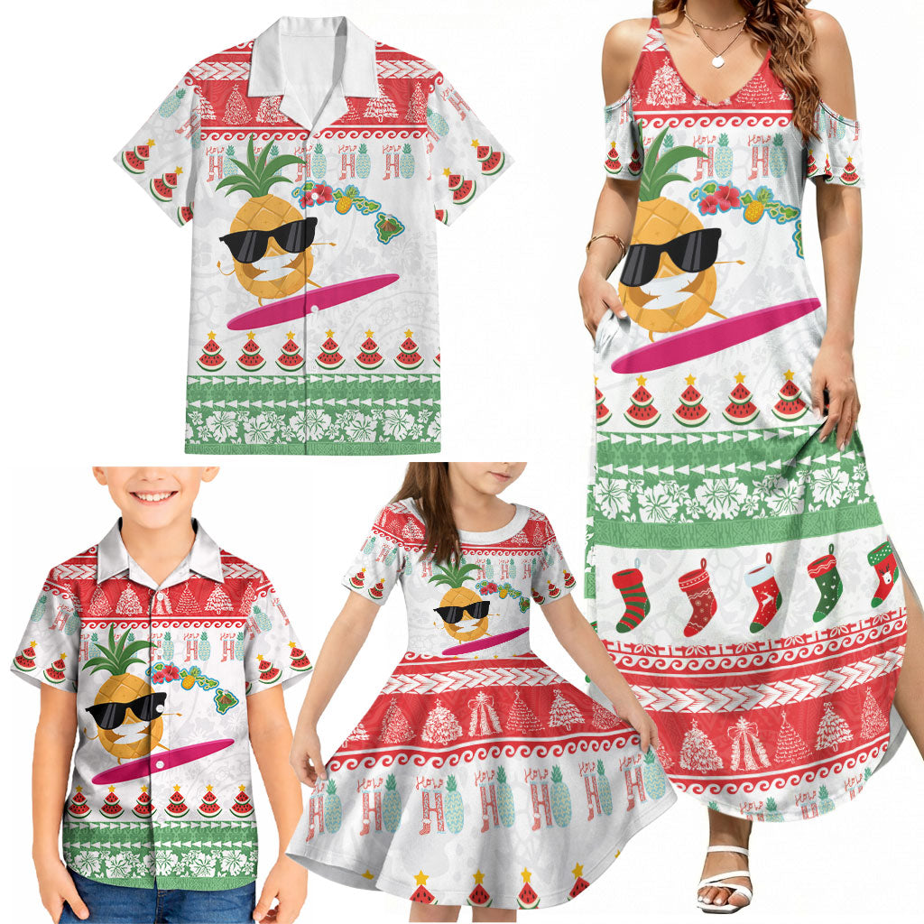 Hawaiian Mele Kalikimaka Family Matching Summer Maxi Dress and Hawaiian Shirt Funny Pineapple Surfing with Map Christmas Stripe Elements LT03 - Polynesian Pride