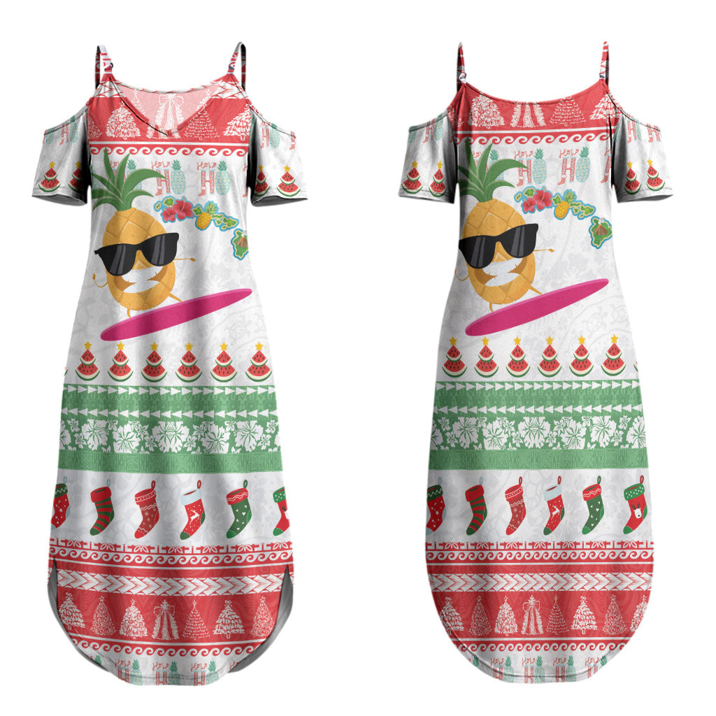 Hawaiian Mele Kalikimaka Family Matching Summer Maxi Dress and Hawaiian Shirt Funny Pineapple Surfing with Map Christmas Stripe Elements LT03 Mom's Dress Multicolor - Polynesian Pride
