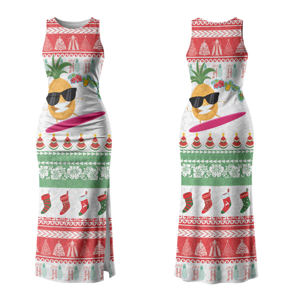 Hawaiian Mele Kalikimaka Family Matching Tank Maxi Dress and Hawaiian Shirt Funny Pineapple Surfing with Map Christmas Stripe Elements LT03 Mom's Dress Multicolor - Polynesian Pride