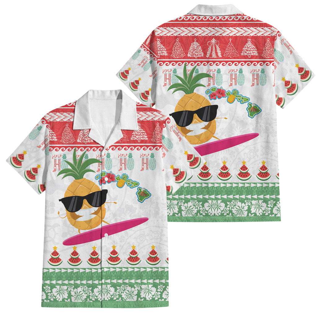 Hawaiian Mele Kalikimaka Family Matching Tank Maxi Dress and Hawaiian Shirt Funny Pineapple Surfing with Map Christmas Stripe Elements LT03 Dad's Shirt - Short Sleeve Multicolor - Polynesian Pride