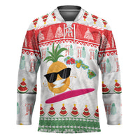 Hawaiian Mele Kalikimaka Hockey Jersey Funny Pineapple Surfing with Map Christmas Stripe Elements LT03 Unisex Multicolor - Polynesian Pride