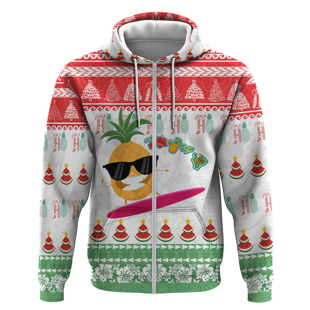 Hawaiian Mele Kalikimaka Hoodie Funny Pineapple Surfing with Map Christmas Stripe Elements LT03 Zip Hoodie Multicolor - Polynesian Pride