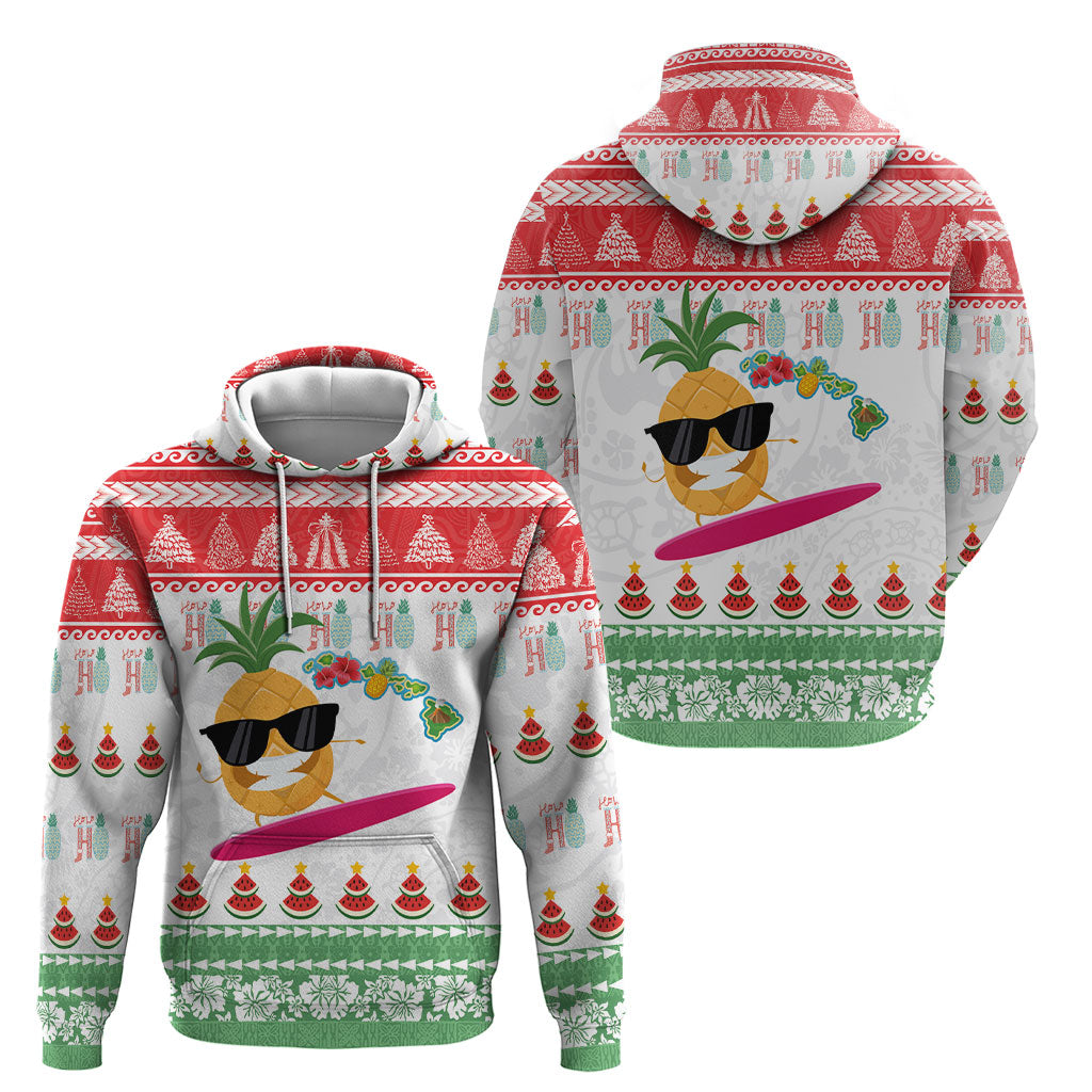 Hawaiian Mele Kalikimaka Hoodie Funny Pineapple Surfing with Map Christmas Stripe Elements LT03 - Polynesian Pride