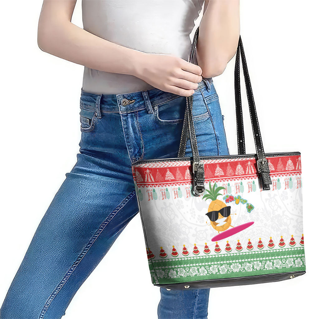 Hawaiian Mele Kalikimaka Leather Tote Bag Funny Pineapple Surfing with Map Christmas Stripe Elements LT03 - Polynesian Pride