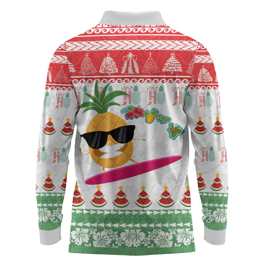 Hawaiian Mele Kalikimaka Long Sleeve Polo Shirt Funny Pineapple Surfing with Map Christmas Stripe Elements LT03 - Polynesian Pride