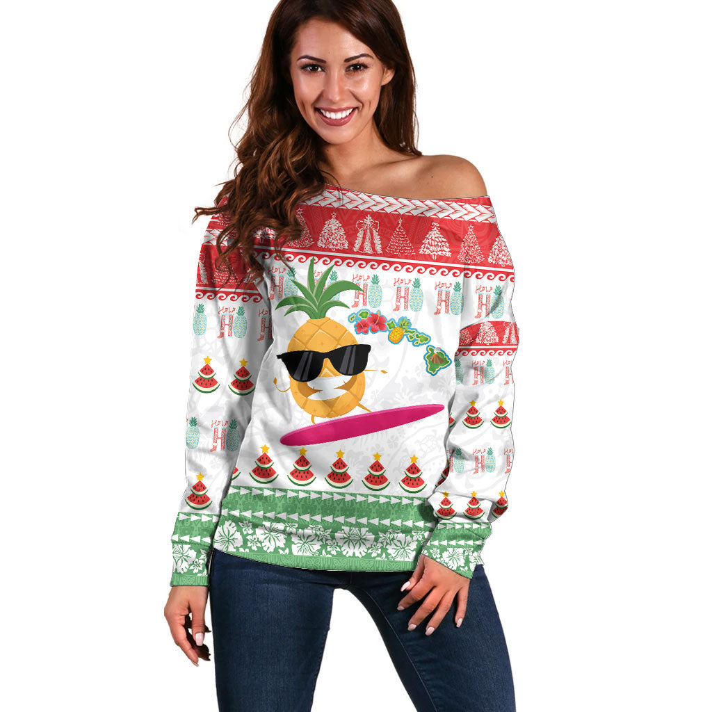 Hawaiian Mele Kalikimaka Off Shoulder Sweater Funny Pineapple Surfing with Map Christmas Stripe Elements LT03 Women Multicolor - Polynesian Pride