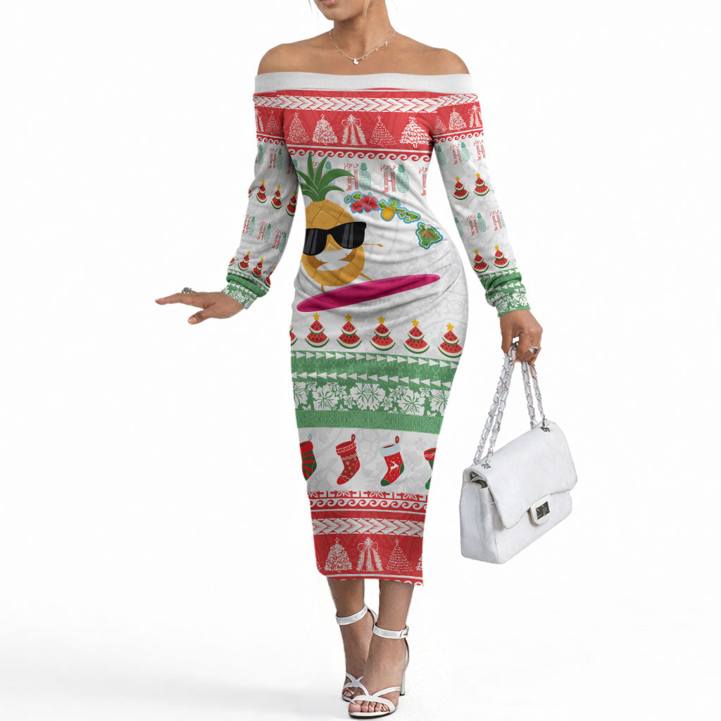 Hawaiian Mele Kalikimaka Off The Shoulder Long Sleeve Dress Funny Pineapple Surfing with Map Christmas Stripe Elements LT03 Women Multicolor - Polynesian Pride