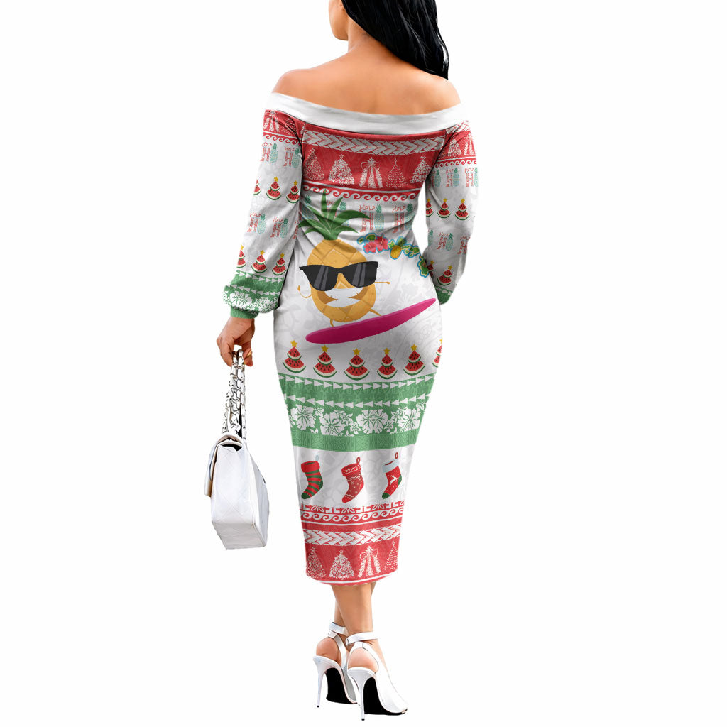 Hawaiian Mele Kalikimaka Off The Shoulder Long Sleeve Dress Funny Pineapple Surfing with Map Christmas Stripe Elements LT03 - Polynesian Pride