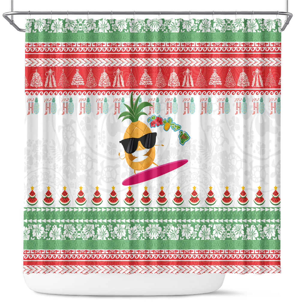 Hawaiian Mele Kalikimaka Shower Curtain Funny Pineapple Surfing with Map Christmas Stripe Elements LT03 Multicolor - Polynesian Pride