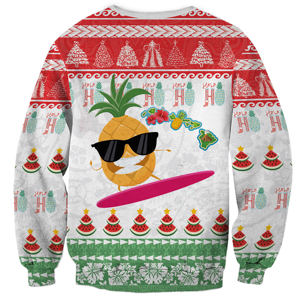Hawaiian Mele Kalikimaka Sweatshirt Funny Pineapple Surfing with Map Christmas Stripe Elements LT03 - Polynesian Pride
