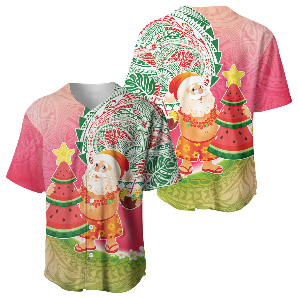Hawaiian Watermelon Mele Kalikimaka Baseball Jersey Tropical Tribal Pattern with Funny Santa Claus LT03 - Polynesian Pride