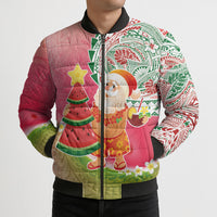 Hawaiian Watermelon Mele Kalikimaka Bomber Puffer Jacket Tropical Tribal Pattern with Funny Santa Claus LT03 - Polynesian Pride