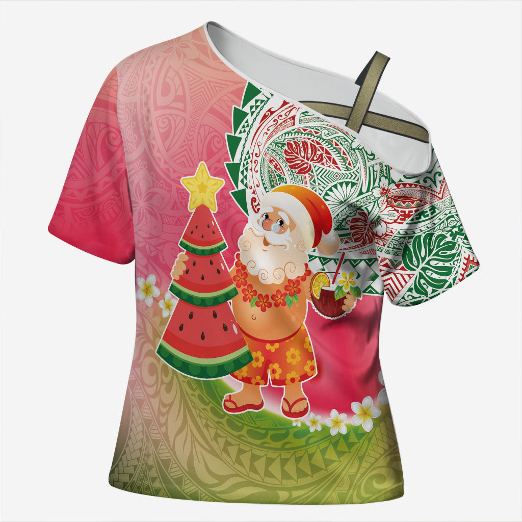 Hawaiian Watermelon Mele Kalikimaka Cross Shoulder Shirt Tropical Tribal Pattern with Funny Santa Claus LT03 Female Multicolor - Polynesian Pride