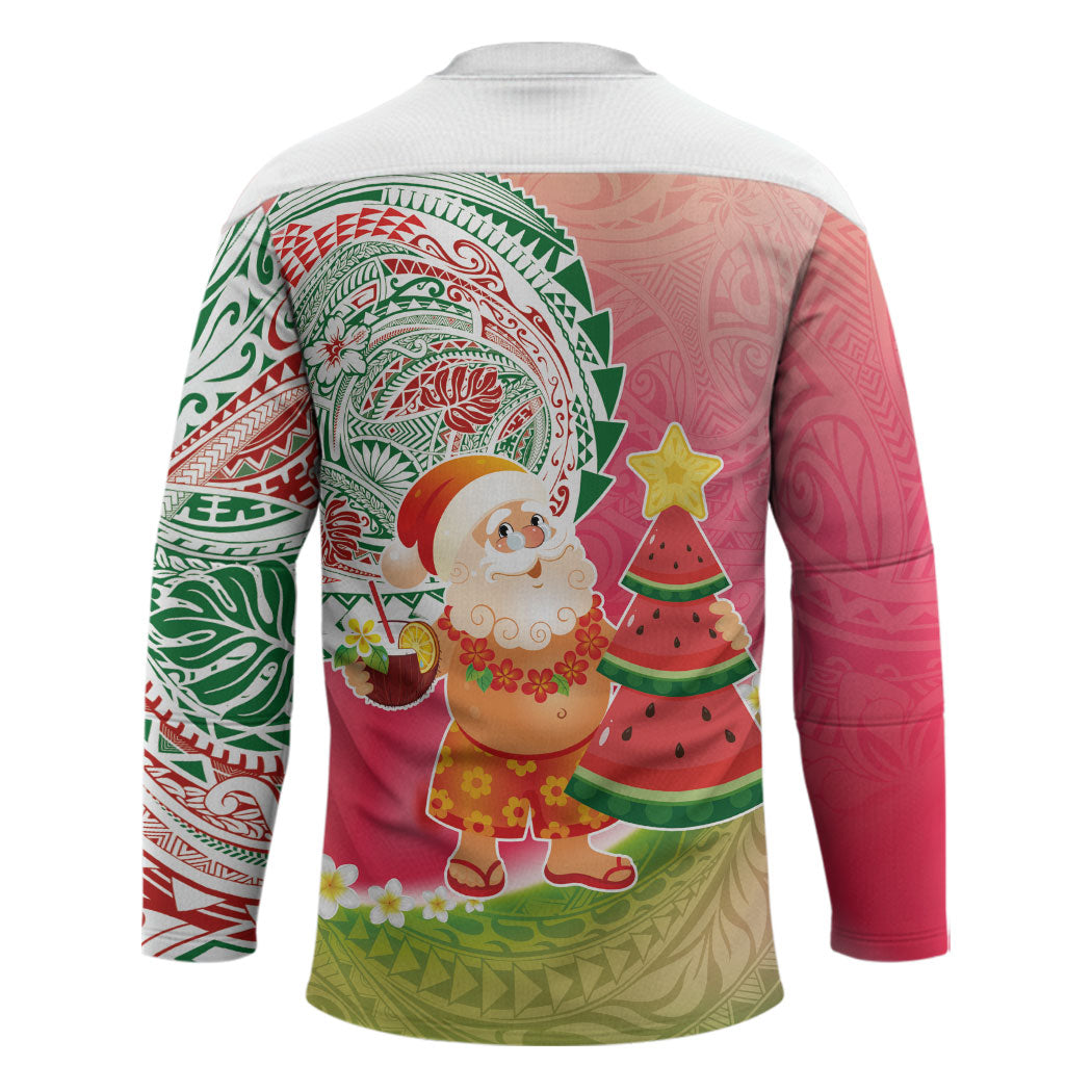 Hawaiian Watermelon Mele Kalikimaka Hockey Jersey Tropical Tribal Pattern with Funny Santa Claus LT03 - Polynesian Pride