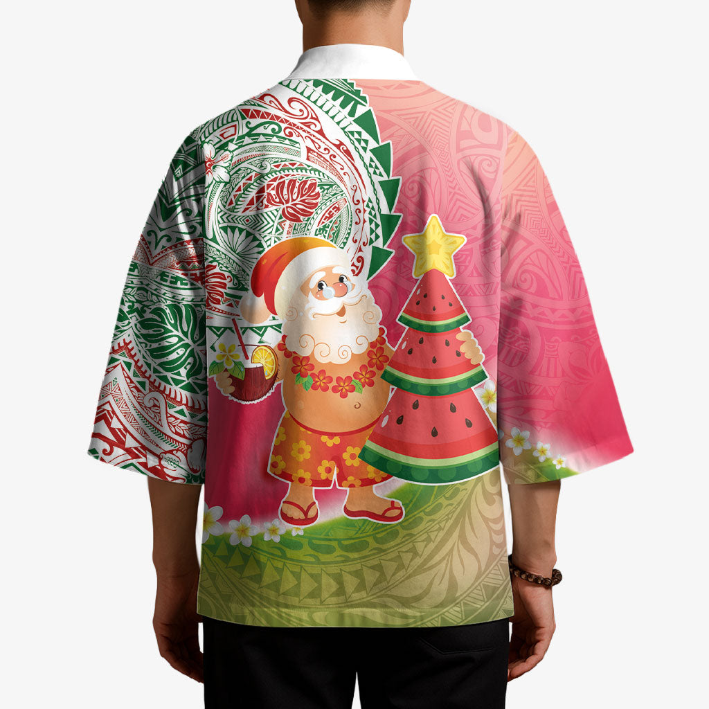 Hawaiian Watermelon Mele Kalikimaka Kimono Tropical Tribal Pattern with Funny Santa Claus LT03 - Polynesian Pride