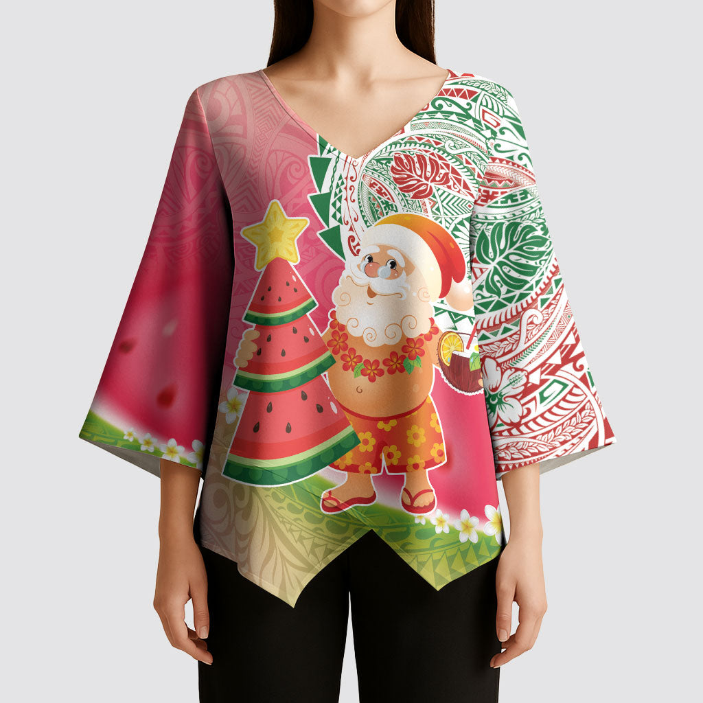 Hawaiian Watermelon Mele Kalikimaka Kimono Sleeve Blouse Tropical Tribal Pattern with Funny Santa Claus LT03 - Polynesian Pride