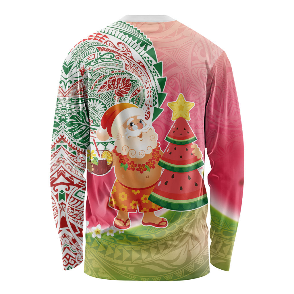Hawaiian Watermelon Mele Kalikimaka Long Sleeve Shirt Tropical Tribal Pattern with Funny Santa Claus LT03 - Polynesian Pride